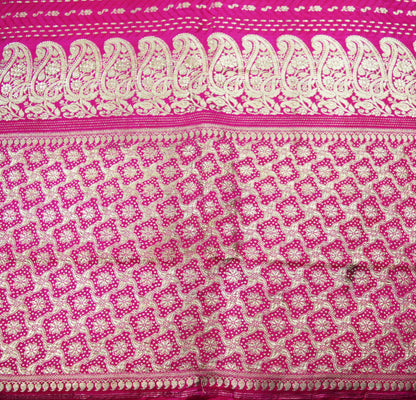 Indian Vintage SariHeavy Wedding Pure Satin Silk Rani Pink saree Banarasi Brocade Saree  Golden Zari 5Yard