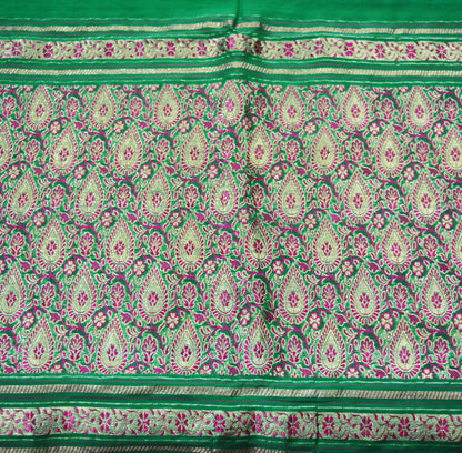 Indian Vintage Sari Green Heavy Wedding Pure Silk Woven Banarasi Brocade Saree Golden Zari 5Yard