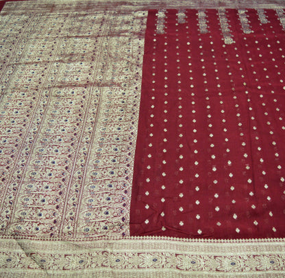 Indian Vintage Sari Dark Red Heavy Wedding Pure Silk Woven Banarasi Brocade Saree Golden Zari 5Yard