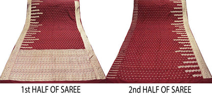 Indian Vintage Sari Dark Red Heavy Wedding Pure Silk Woven Banarasi Brocade Saree Golden Zari 5Yard