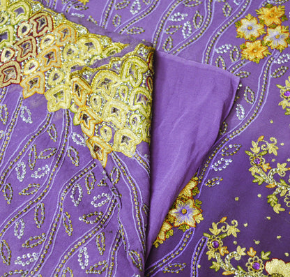 Indian Vintage Purple Saree Pure Georgette Silk Hand Embroidered Indian Sari Fabric 6Yard Sewing Soft Ethnic Zari Fabric