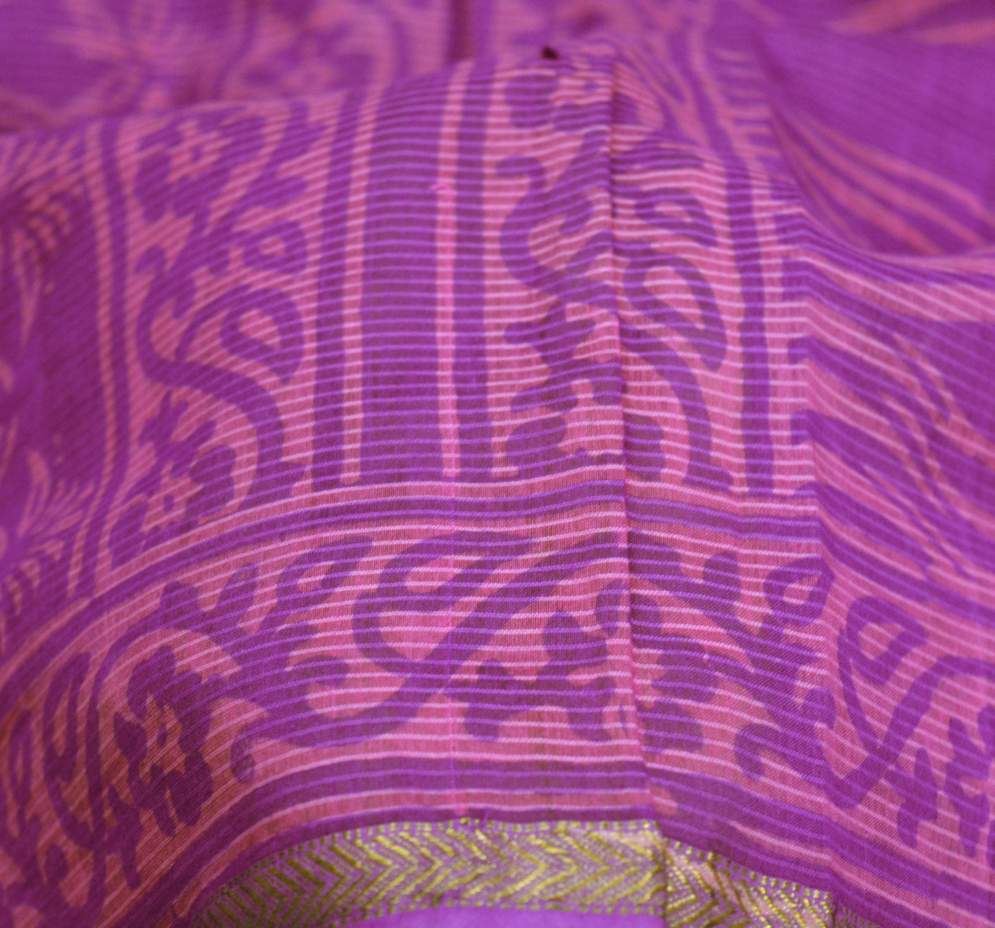 Indian Vintage Purple Dupatta Long Stole Block Print Pure Silk Indian Scarves Veil Golden Zari Soft Floral Design