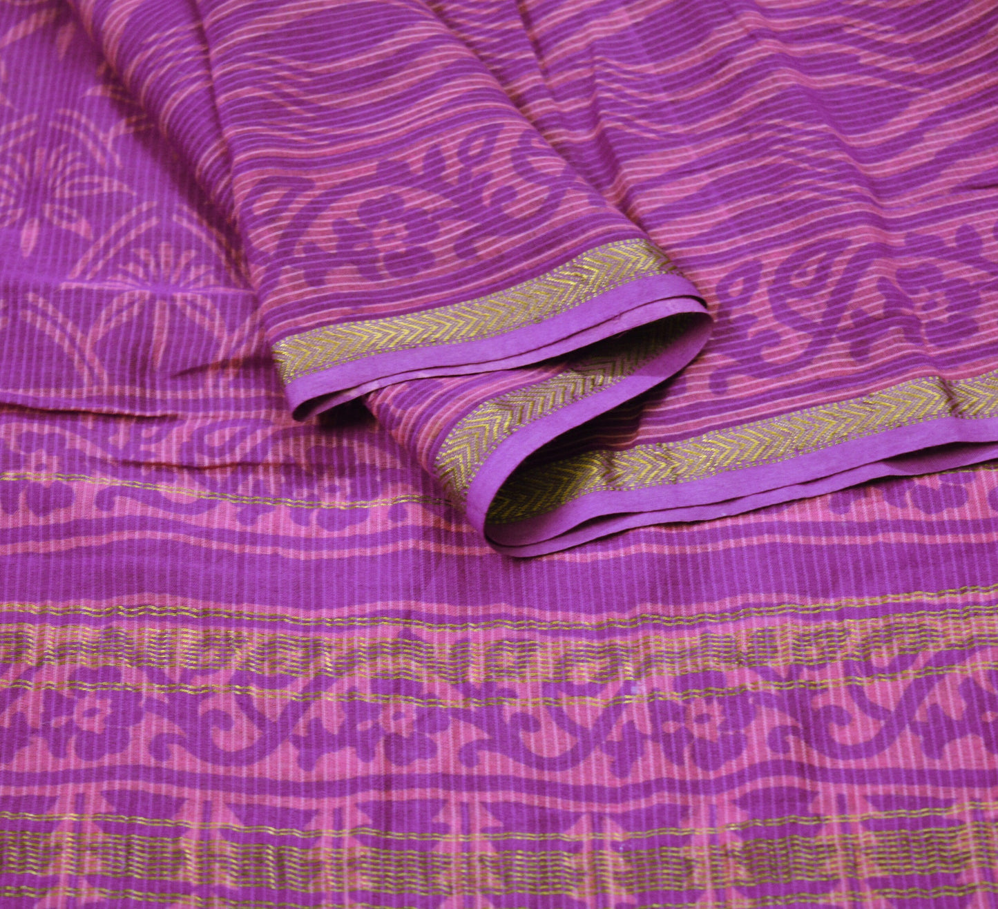 Indian Vintage Purple Dupatta Long Stole Block Print Pure Silk Indian Scarves Veil Golden Zari Soft Floral Design