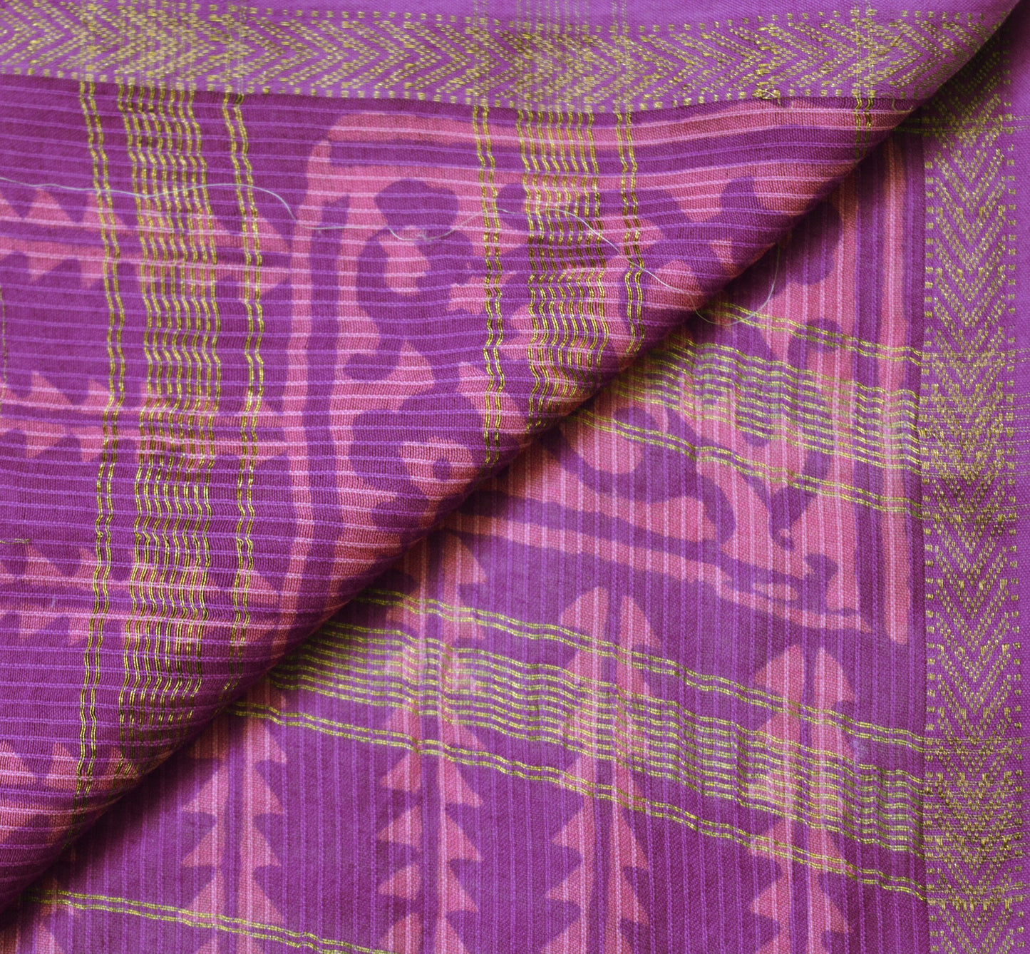 Indian Vintage Purple Dupatta Long Stole Block Print Pure Silk Indian Scarves Veil Golden Zari Soft Floral Design