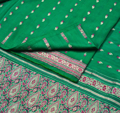 Indian Vintage Sari Green Heavy Wedding Pure Silk Woven Banarasi Brocade Saree Golden Zari 5Yard