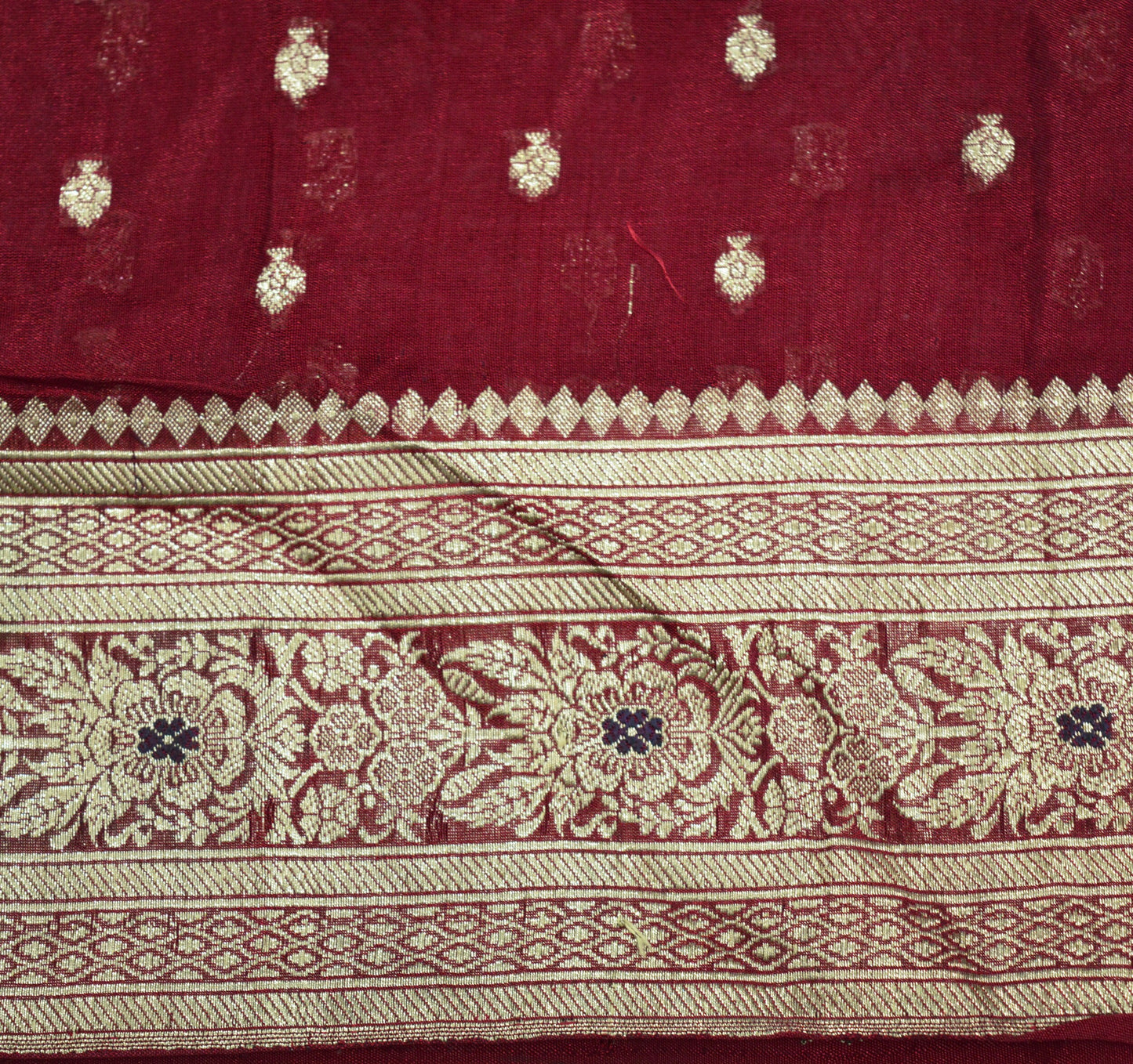 Indian Vintage Sari Dark Red Heavy Wedding Pure Silk Woven Banarasi Brocade Saree Golden Zari 5Yard