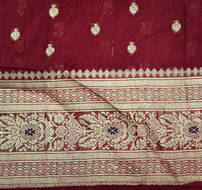 Indian Vintage Sari Dark Red Heavy Wedding Pure Silk Woven Banarasi Brocade Saree Golden Zari 5Yard