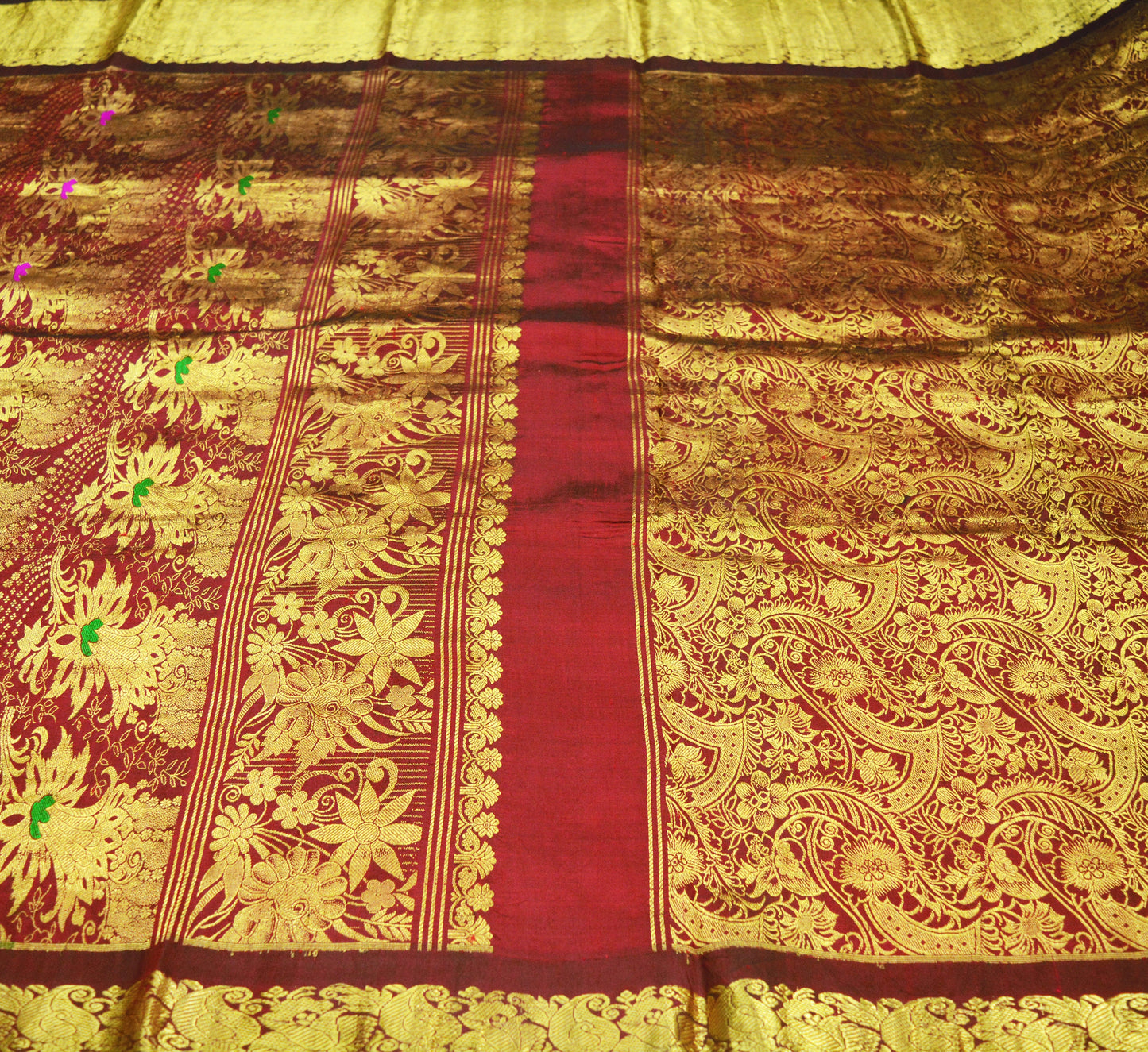 Indian Vintage Heavy Saree Maroon Hand Woven Kanjivaram 100% Pure Silk Indian Sari Fabric 5Yard Ethnic Zari Fringes