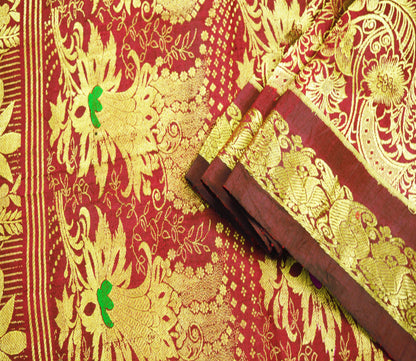 Indian Vintage Heavy Saree Maroon Hand Woven Kanjivaram 100% Pure Silk Indian Sari Fabric 5Yard Ethnic Zari Fringes