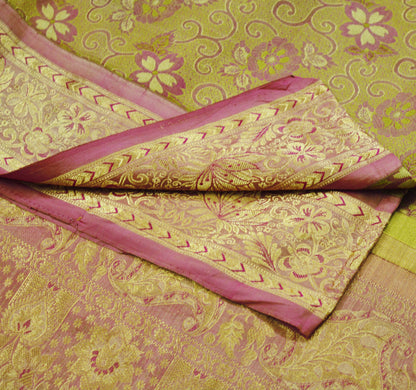 Indian Vintage Heavy Saree Green & Pink 100% Pure Silk Hand Woven Kanjivaram Indian Sari Fabric 5Yard Ethnic Zari Floral