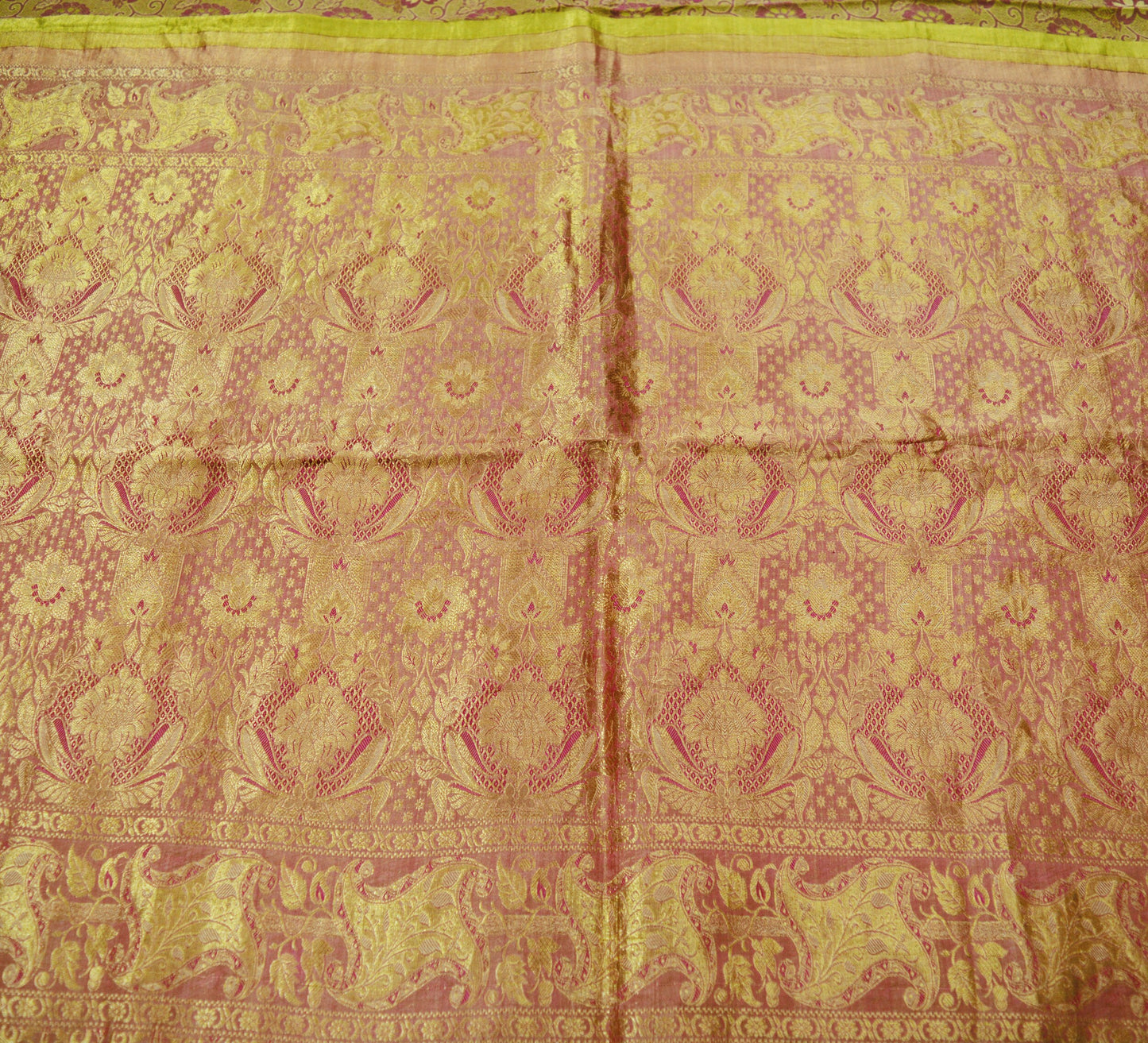 Indian Vintage Heavy Saree Green & Pink 100% Pure Silk Hand Woven Kanjivaram Indian Sari Fabric 5Yard Ethnic Zari Floral