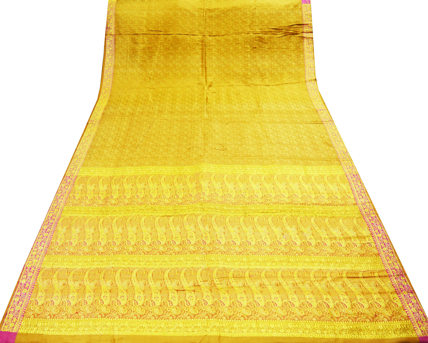 Indian Vintage Sari Saffron Heavy Wedding Pure Satin Silk Woven Banarasi Brocade Saree Golden Zari 5Yd