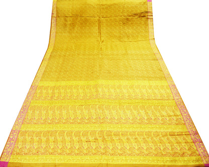 Indian Vintage Sari Saffron Heavy Wedding Pure Satin Silk Woven Banarasi Brocade Saree Golden Zari 5Yd