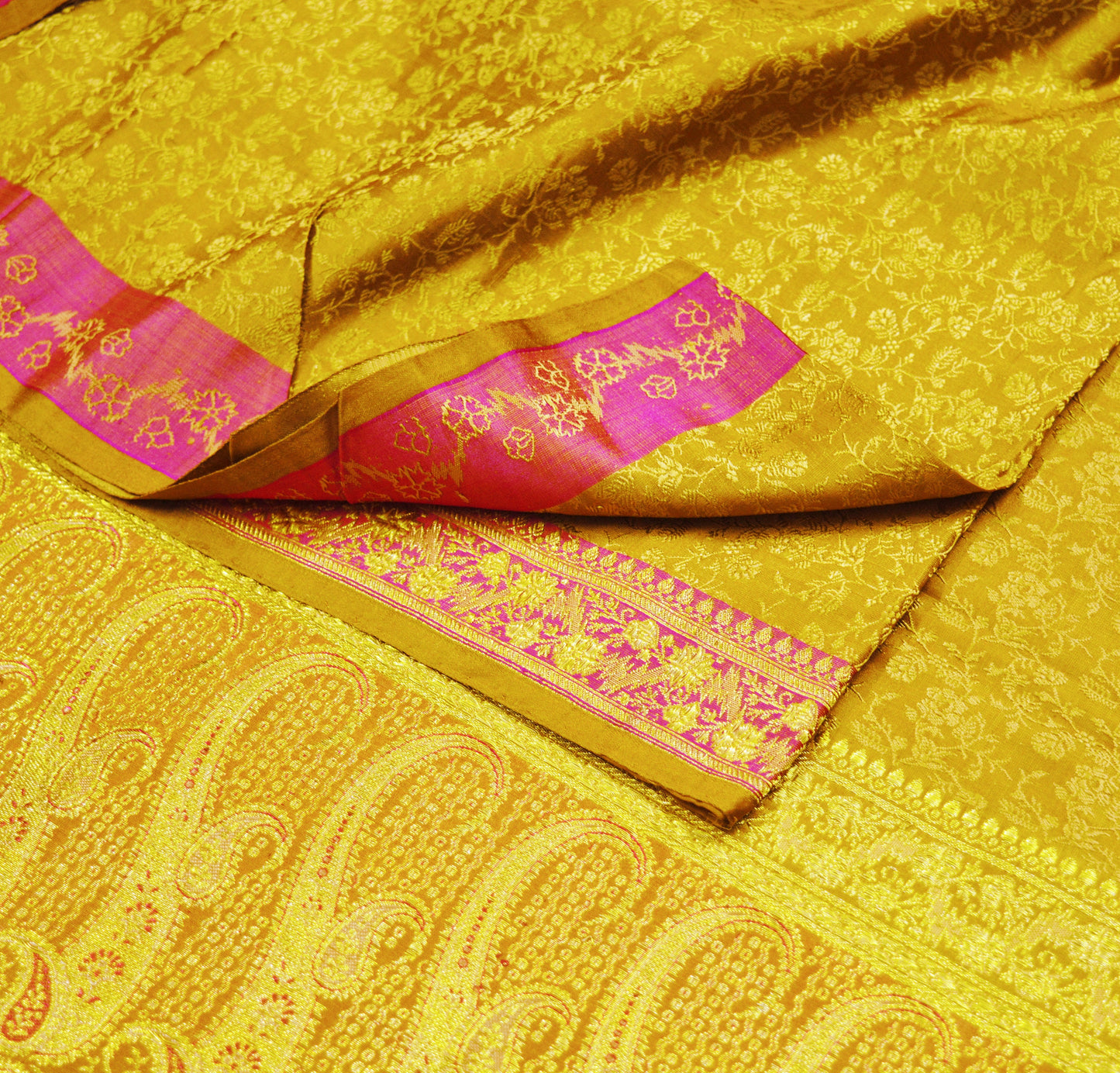 Indian Vintage Sari Saffron Heavy Wedding Pure Satin Silk Woven Banarasi Brocade Saree Golden Zari 5Yd