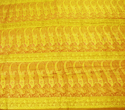 Indian Vintage Sari Saffron Heavy Wedding Pure Satin Silk Woven Banarasi Brocade Saree Golden Zari 5Yd