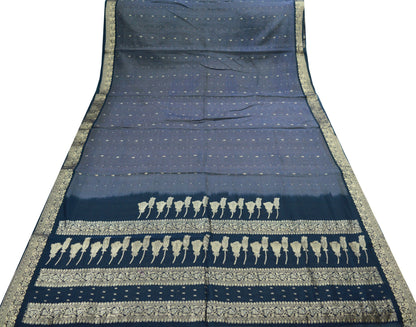 Indian Vintage Saree Gray & Blue Hand Woven Pure Silk Indian Sari Fabric 5Yard Silk Sari Ethnic Floral Golden Zari