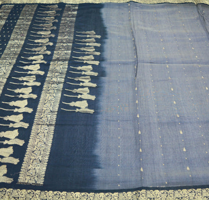 Indian Vintage Saree Gray & Blue Hand Woven Pure Silk Indian Sari Fabric 5Yard Silk Sari Ethnic Floral Golden Zari