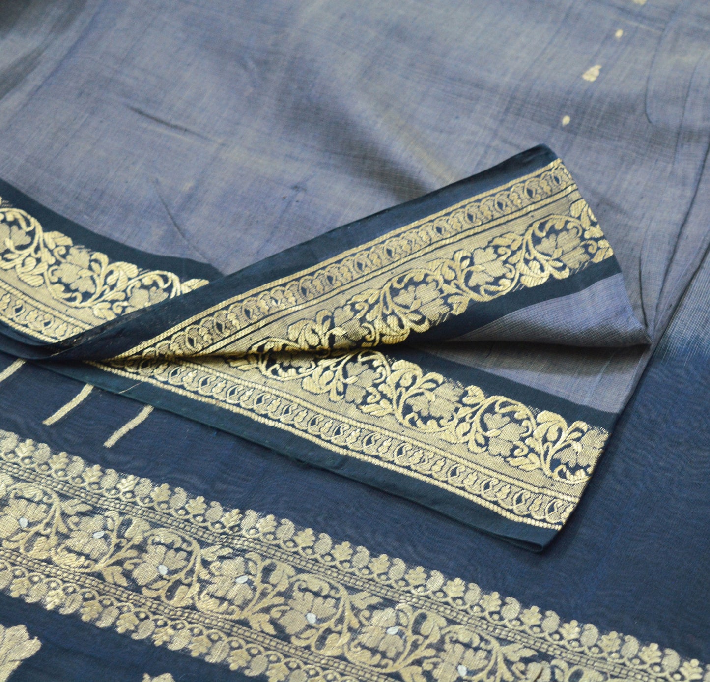 Indian Vintage Saree Gray & Blue Hand Woven Pure Silk Indian Sari Fabric 5Yard Silk Sari Ethnic Floral Golden Zari