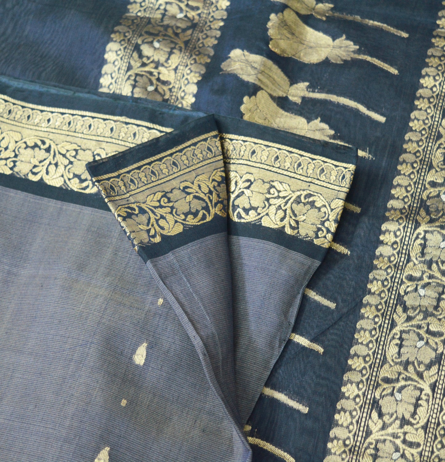 Indian Vintage Saree Gray & Blue Hand Woven Pure Silk Indian Sari Fabric 5Yard Silk Sari Ethnic Floral Golden Zari