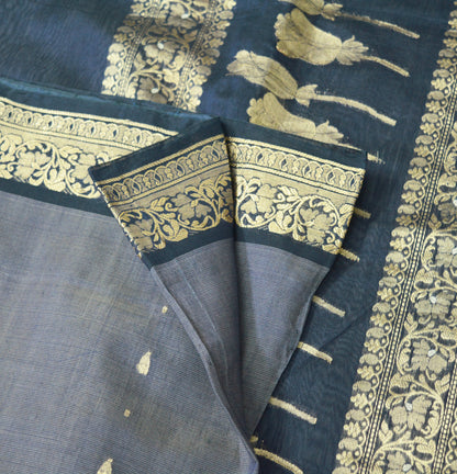 Indian Vintage Saree Gray & Blue Hand Woven Pure Silk Indian Sari Fabric 5Yard Silk Sari Ethnic Floral Golden Zari