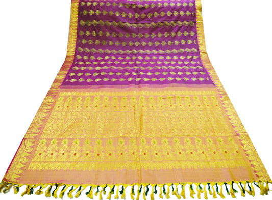 Indian Vintage Heavy Saree Purple & Saffron Hand Woven Kanjivaram 100% Pure Silk Indian Sari Fabric 5Yard Ethnic Zari Floral