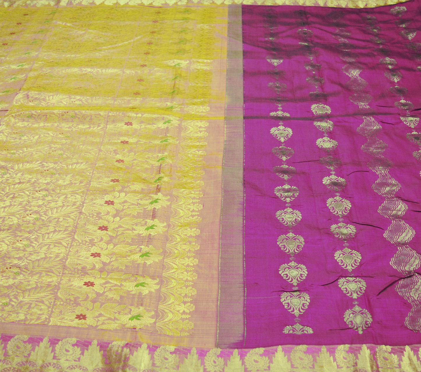 Indian Vintage Heavy Saree Purple & Saffron Hand Woven Kanjivaram 100% Pure Silk Indian Sari Fabric 5Yard Ethnic Zari Floral