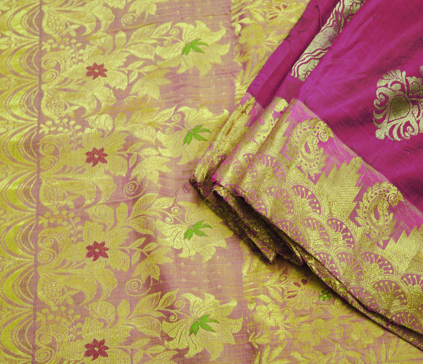 Indian Vintage Heavy Saree Purple & Saffron Hand Woven Kanjivaram 100% Pure Silk Indian Sari Fabric 5Yard Ethnic Zari Floral