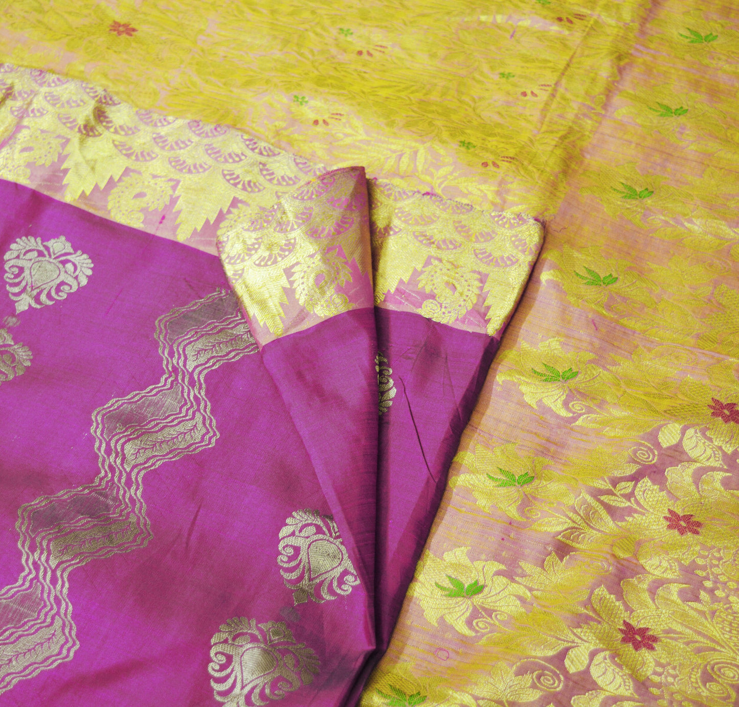 Indian Vintage Heavy Saree Purple & Saffron Hand Woven Kanjivaram 100% Pure Silk Indian Sari Fabric 5Yard Ethnic Zari Floral