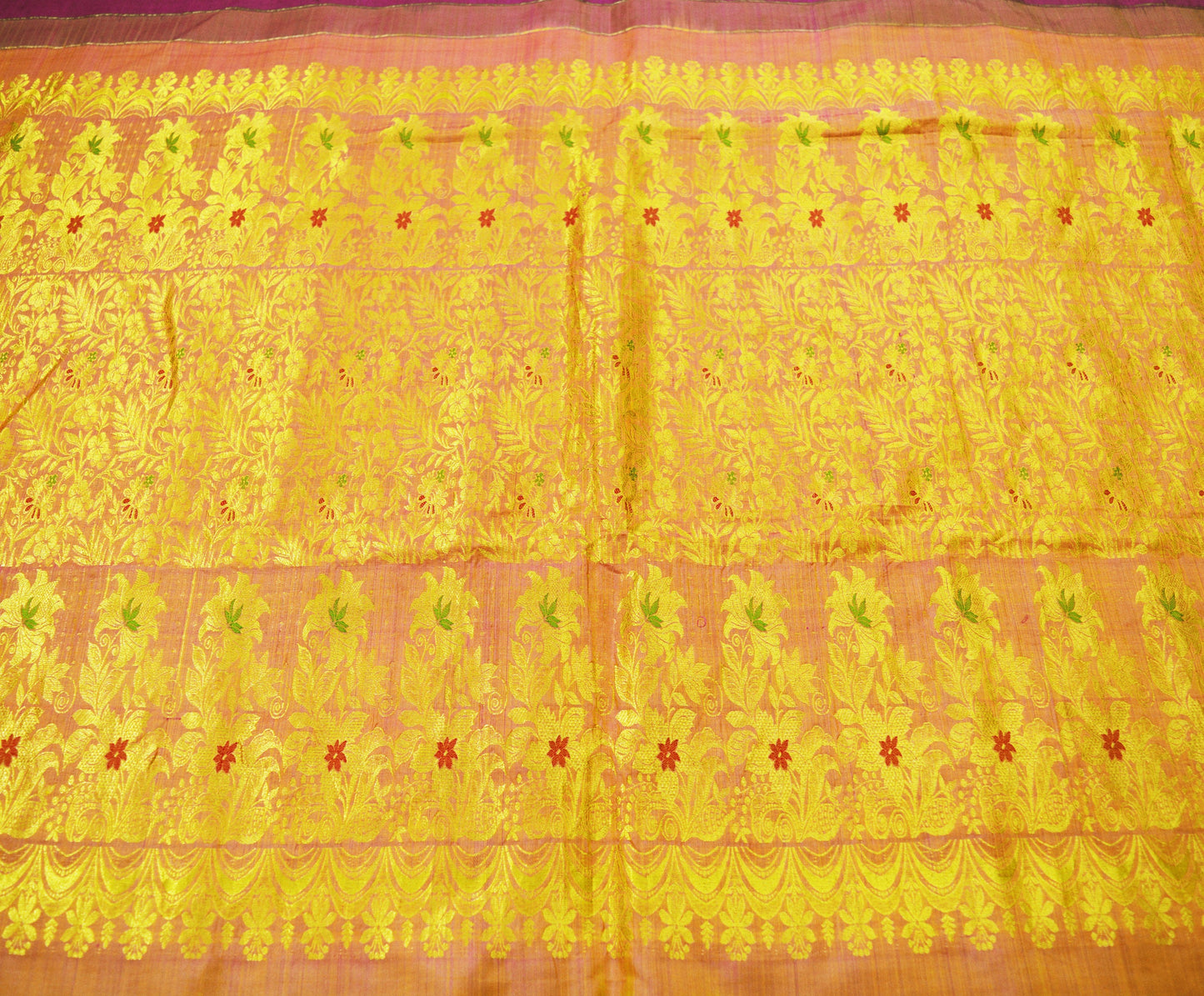 Indian Vintage Heavy Saree Purple & Saffron Hand Woven Kanjivaram 100% Pure Silk Indian Sari Fabric 5Yard Ethnic Zari Floral