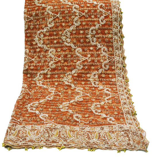 FREE SHIPPING Indian Vintage Heavy Orange Dupatta Net Mesh Long Stole Hand Embroidered Scarves Golden Zardozi Dabka Zari Sequins