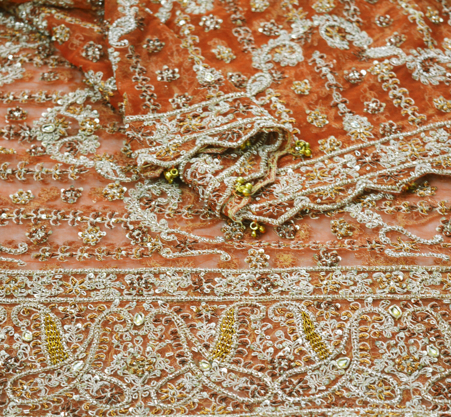 FREE SHIPPING Indian Vintage Heavy Orange Dupatta Net Mesh Long Stole Hand Embroidered Scarves Golden Zardozi Dabka Zari Sequins