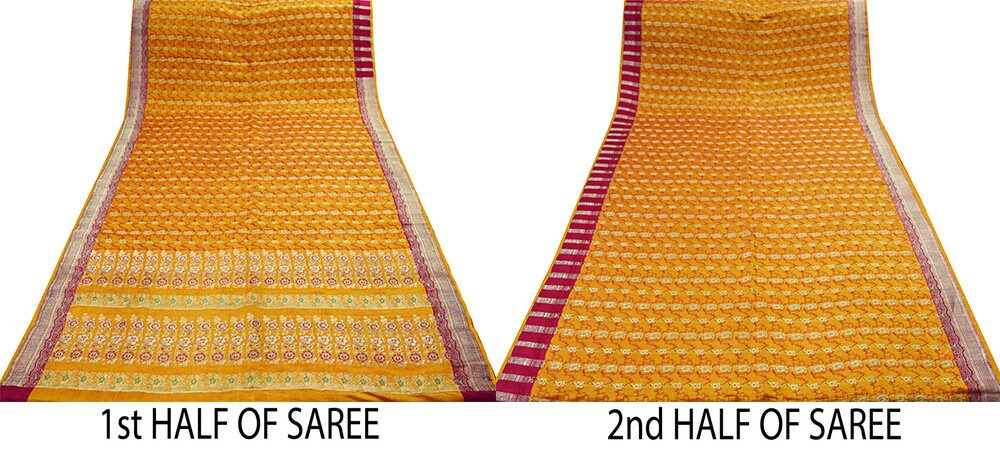 Indian Vintage Sari Mustard Heavy Wedding Pure Satin Silk Woven Banarasi Brocade Saree Golden Zari 5Yd