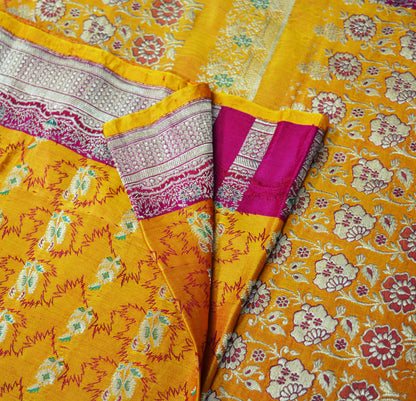 Indian Vintage Sari Mustard Heavy Wedding Pure Satin Silk Woven Banarasi Brocade Saree Golden Zari 5Yd