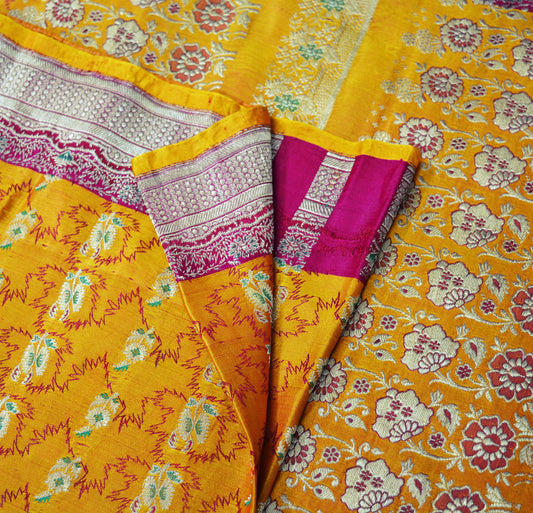 Indian Vintage Sari Mustard Heavy Wedding Pure Satin Silk Woven Banarasi Brocade Saree Golden Zari 5Yd