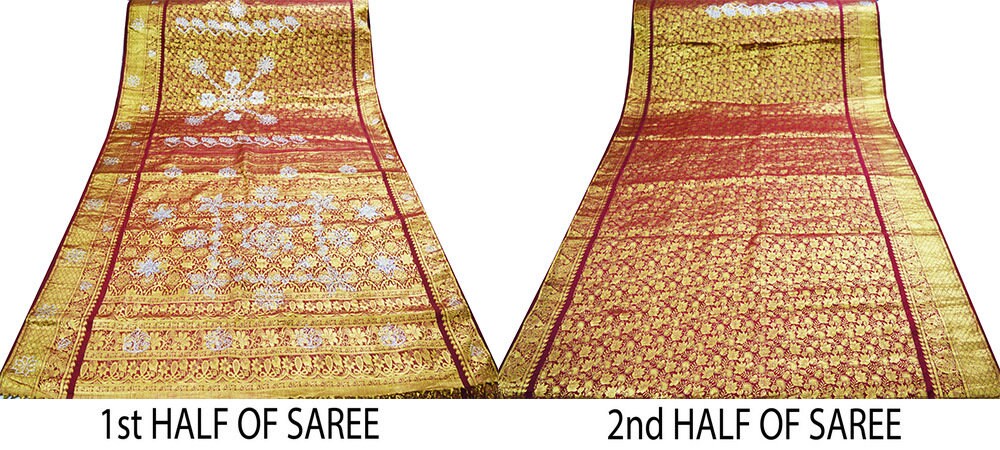 Indian Vintage Heavy Saree Maroon Hand Beaded Kanjivaram 100% Pure Silk Indian Sari Fabric 5Yard Ethnic Zari Fringes