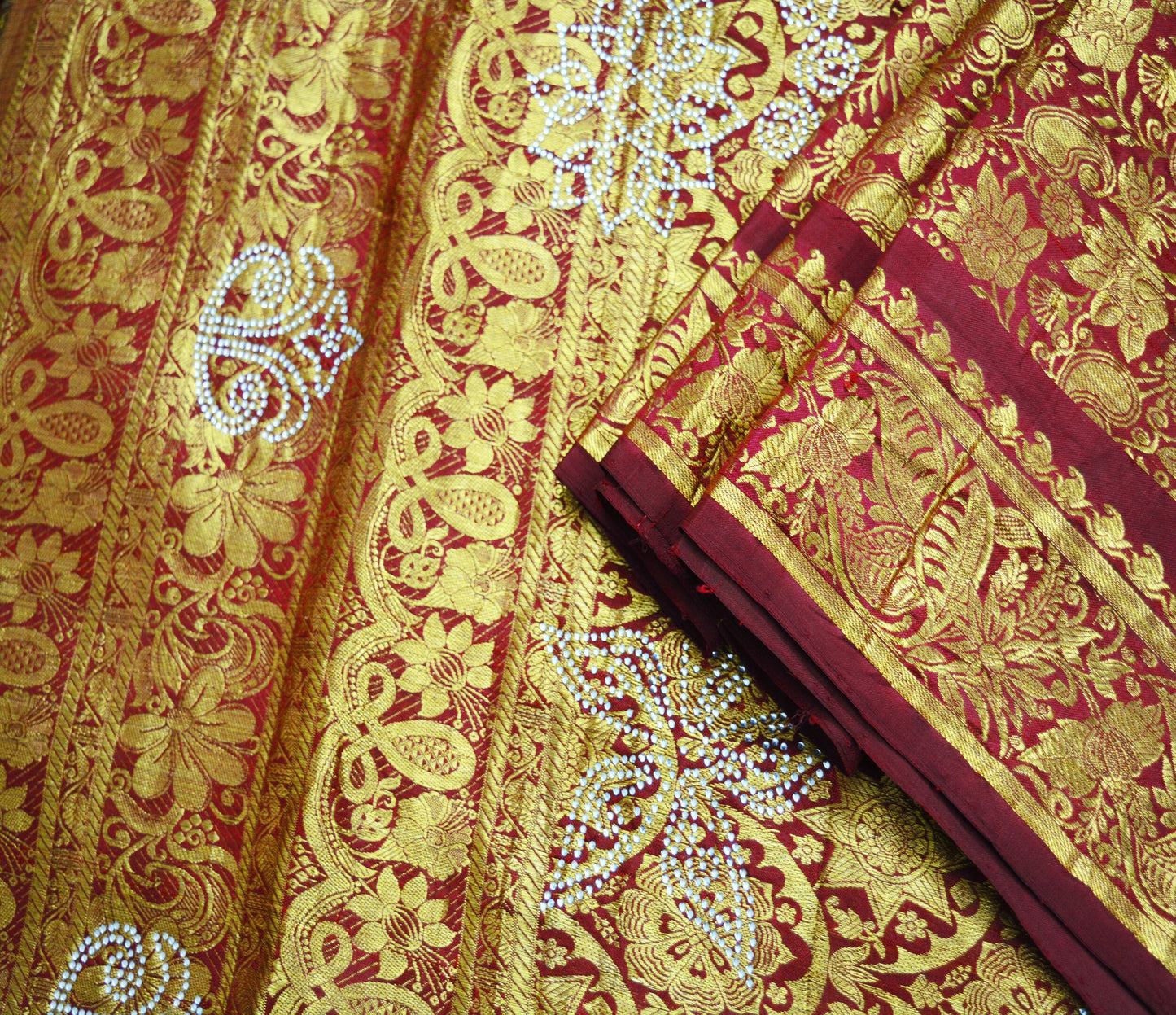 Indian Vintage Heavy Saree Maroon Hand Beaded Kanjivaram 100% Pure Silk Indian Sari Fabric 5Yard Ethnic Zari Fringes