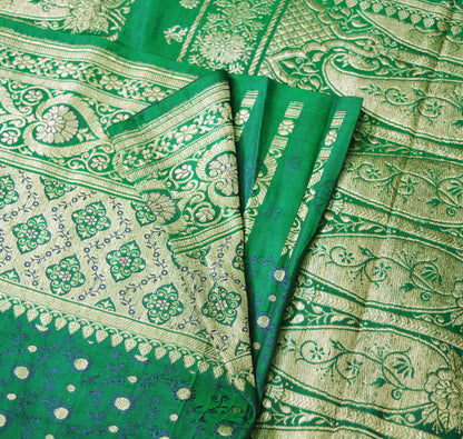 Indian Vintage Sari Bottle Green Heavy Wedding Pure Satin Silk Woven Banarasi Brocade Saree Zari 5Yard