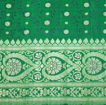 Indian Vintage Sari Bottle Green Heavy Wedding Pure Satin Silk Woven Banarasi Brocade Saree Zari 5Yard