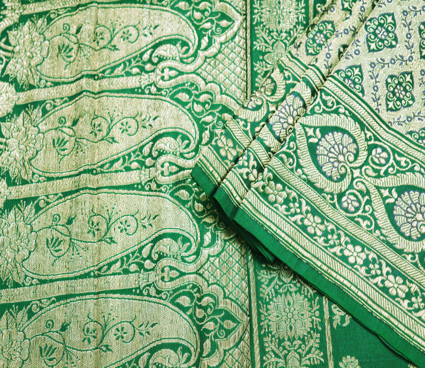 Indian Vintage Sari Bottle Green Heavy Wedding Pure Satin Silk Woven Banarasi Brocade Saree Zari 5Yard