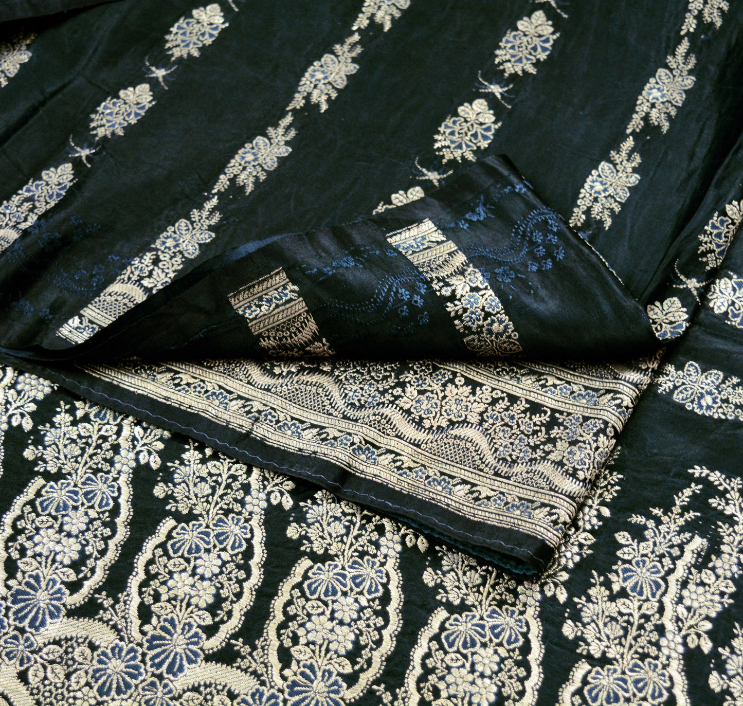 Indian Vintage Sari Heavy Black Pure Satin Silk Banarasi Brocade Saree Silver Zari 5Yard Floral