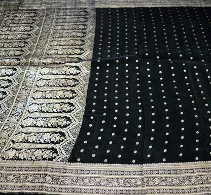 Indian Vintage Sari Heavy Black Pure Satin Silk Banarasi Brocade Saree 5Yard Silver Zari Floral