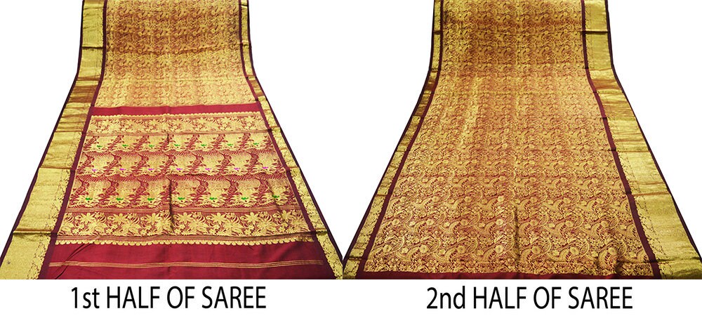 Indian Vintage Heavy Saree Maroon Hand Woven Kanjivaram 100% Pure Silk Indian Sari Fabric 5Yard Ethnic Zari Fringes