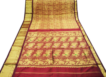 Indian Vintage Heavy Saree Maroon Hand Woven Kanjivaram 100% Pure Silk Indian Sari Fabric 5Yard Ethnic Zari Fringes