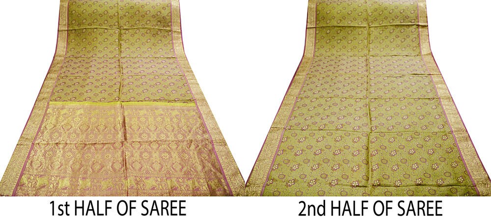 Indian Vintage Heavy Saree Green & Pink 100% Pure Silk Hand Woven Kanjivaram Indian Sari Fabric 5Yard Ethnic Zari Floral