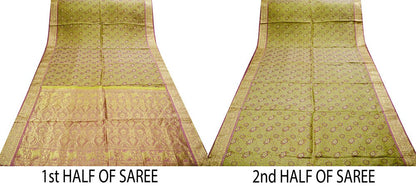 Indian Vintage Heavy Saree Green & Pink 100% Pure Silk Hand Woven Kanjivaram Indian Sari Fabric 5Yard Ethnic Zari Floral