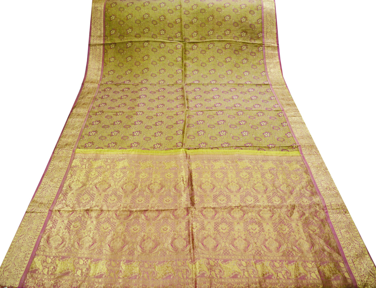 Indian Vintage Heavy Saree Green & Pink 100% Pure Silk Hand Woven Kanjivaram Indian Sari Fabric 5Yard Ethnic Zari Floral