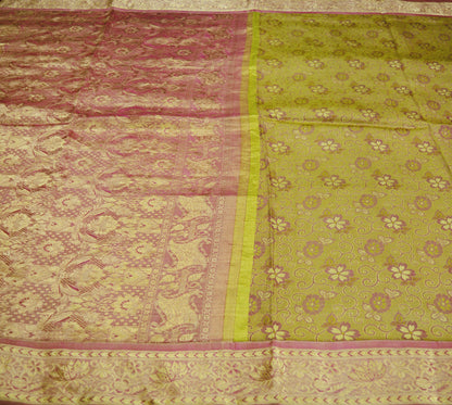 Indian Vintage Heavy Saree Green & Pink 100% Pure Silk Hand Woven Kanjivaram Indian Sari Fabric 5Yard Ethnic Zari Floral