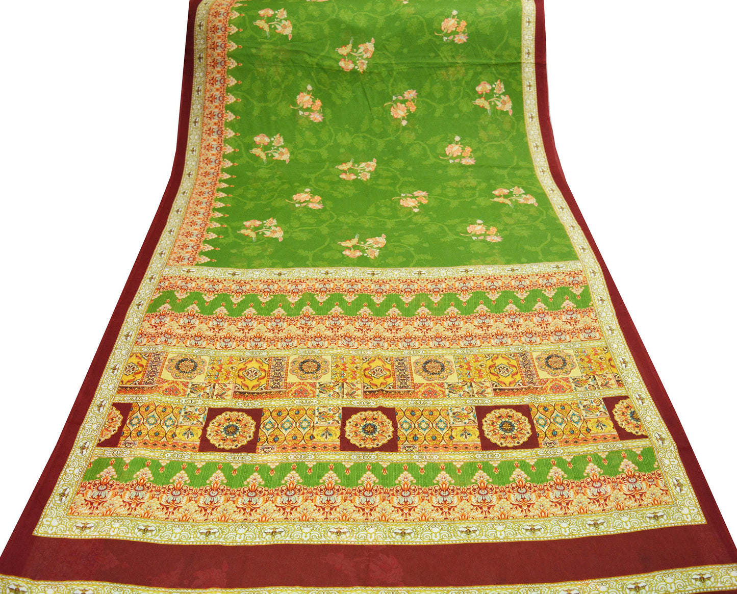 Vintage Sari Green Georgette  Digital Printed Saree Sewing 6yard Craft Soft Crafting Dress Making