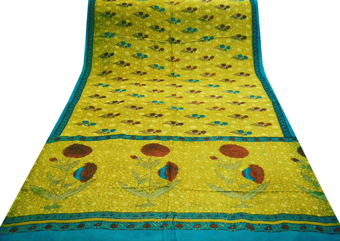 Women Vintage Sari Green Pure Georgette Silk Printed Saree Craft Fabric Sewing 5Yard Soft Light Dress Making Floral