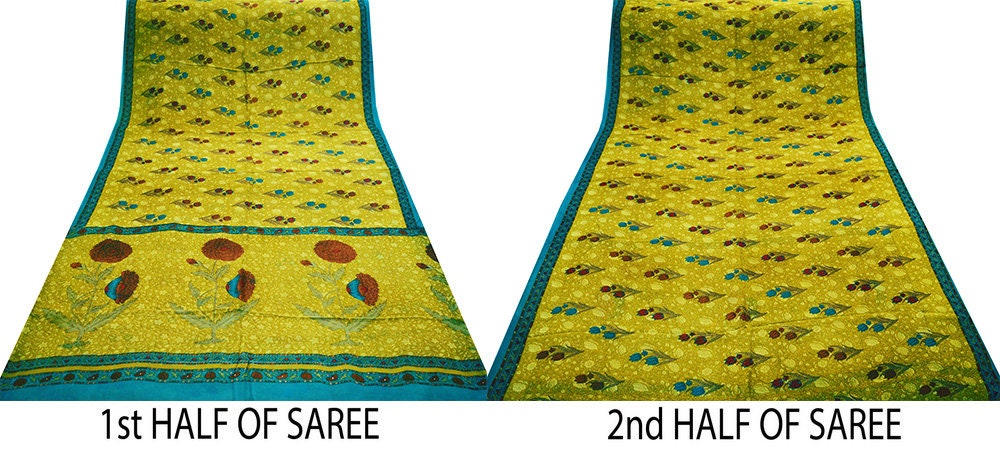 Women Vintage Sari Green Pure Georgette Silk Printed Saree Craft Fabric Sewing 5Yard Soft Light Dress Making Floral